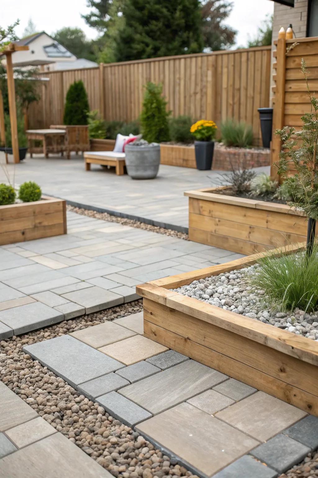 Using mixed materials creates an eclectic and stylish patio design.