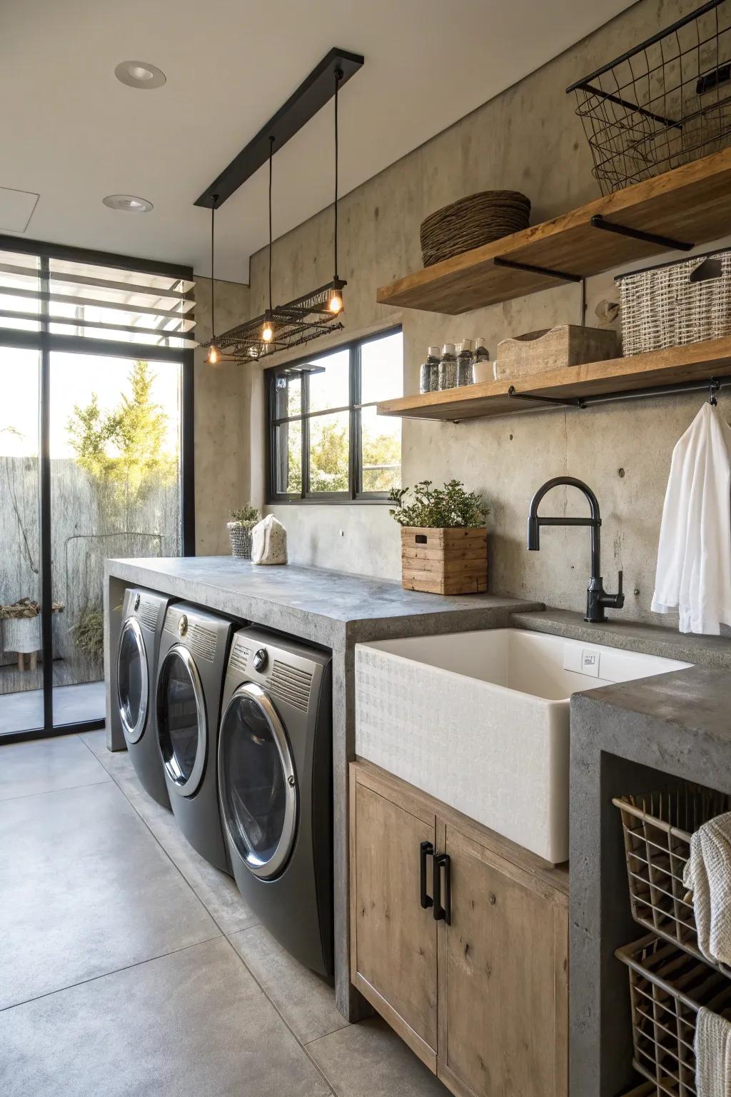 Concrete worktops provide a modern edge in the laundry room.