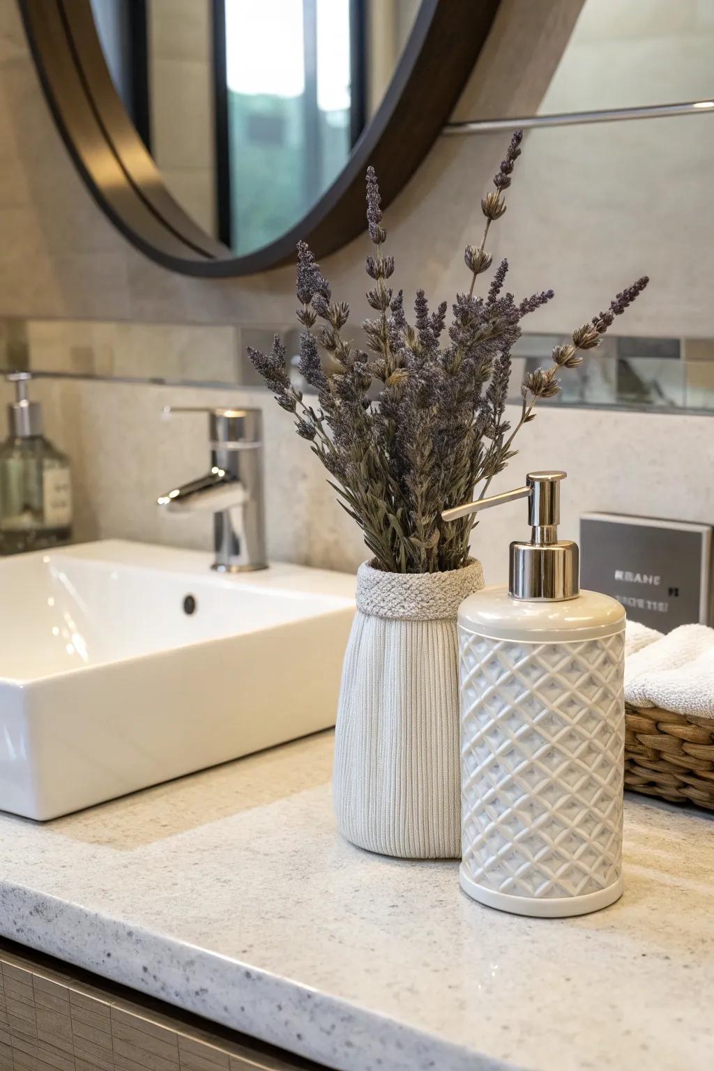 A spa-inspired accent using lavender within the bathing area.