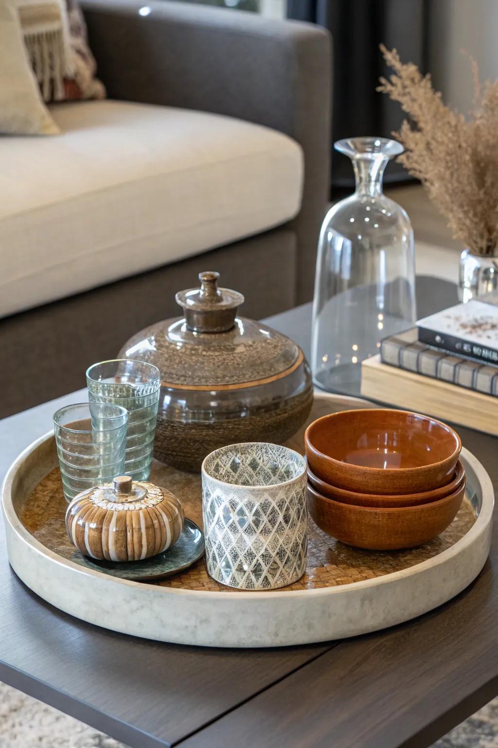 A posh blend of surfaces and substances upon a lazy Susan.