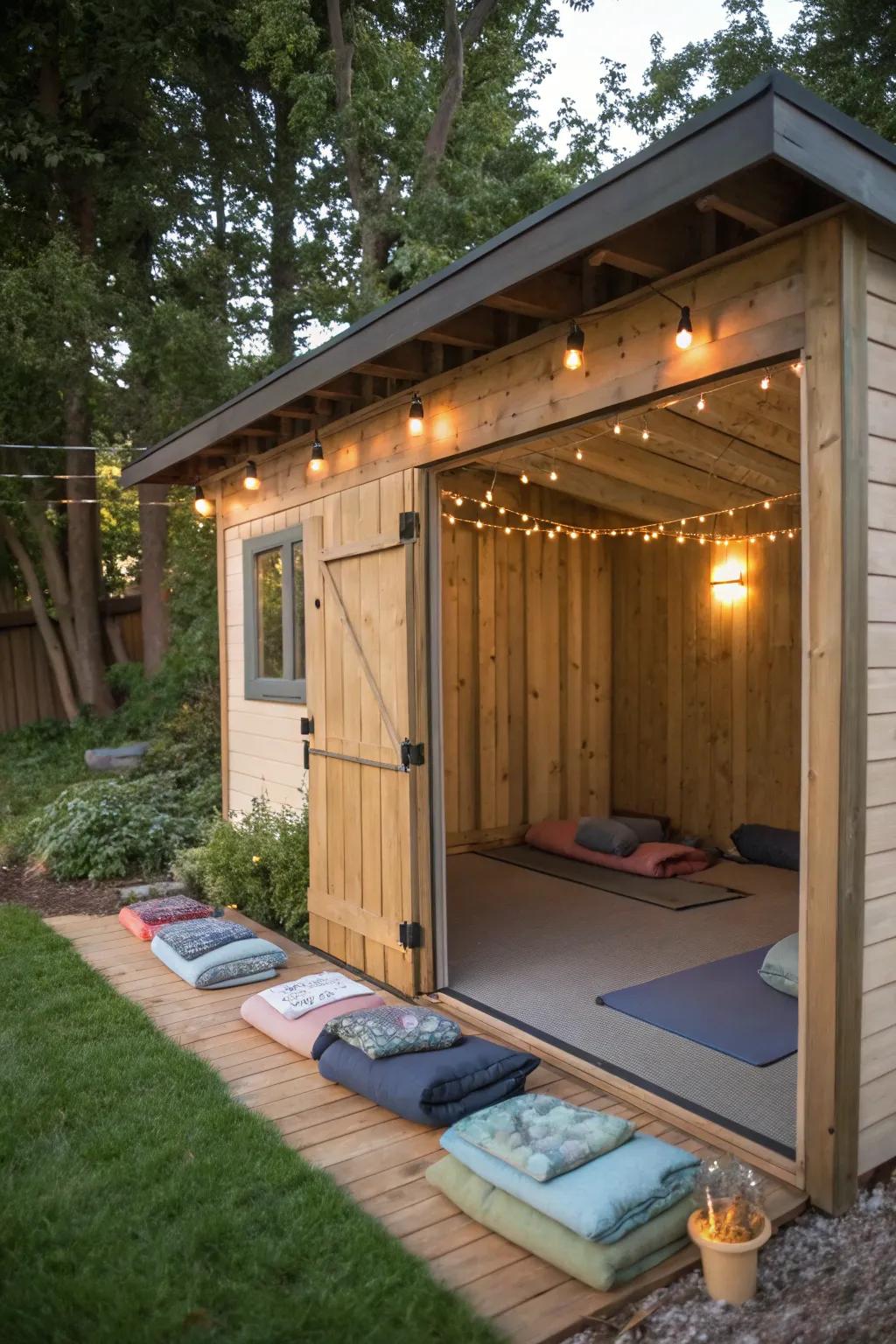 A serene yoga and mindfulness zone within an outbuilding.