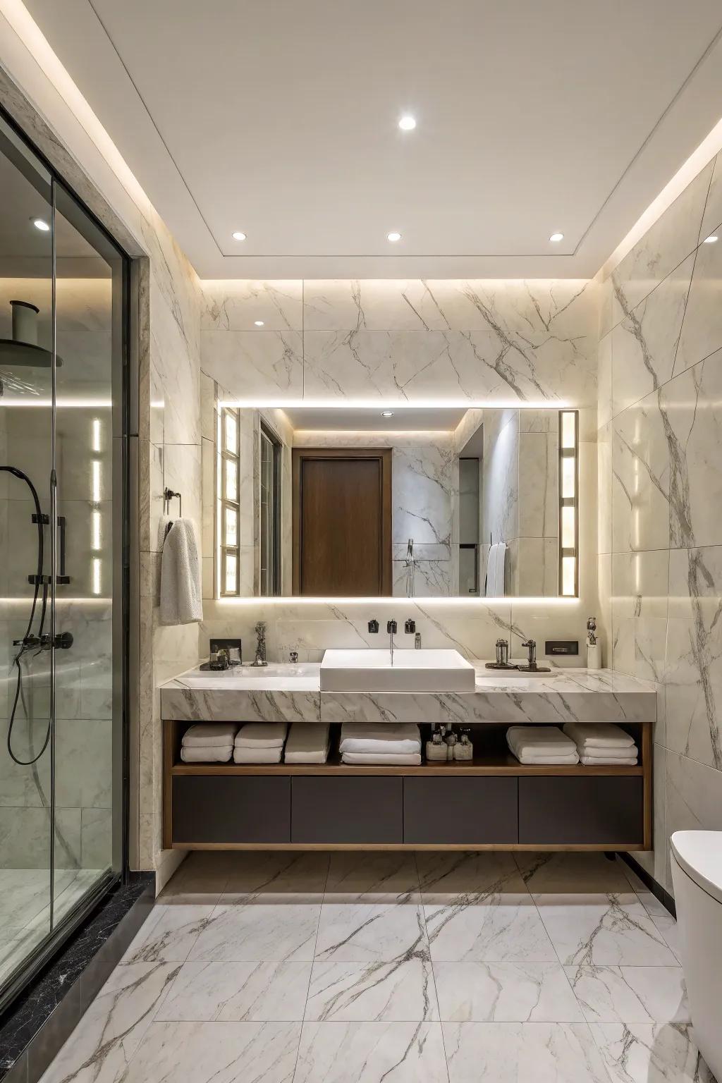 A timeless washroom configuration featuring a marble veneer and a streamlined illuminated reflection.
