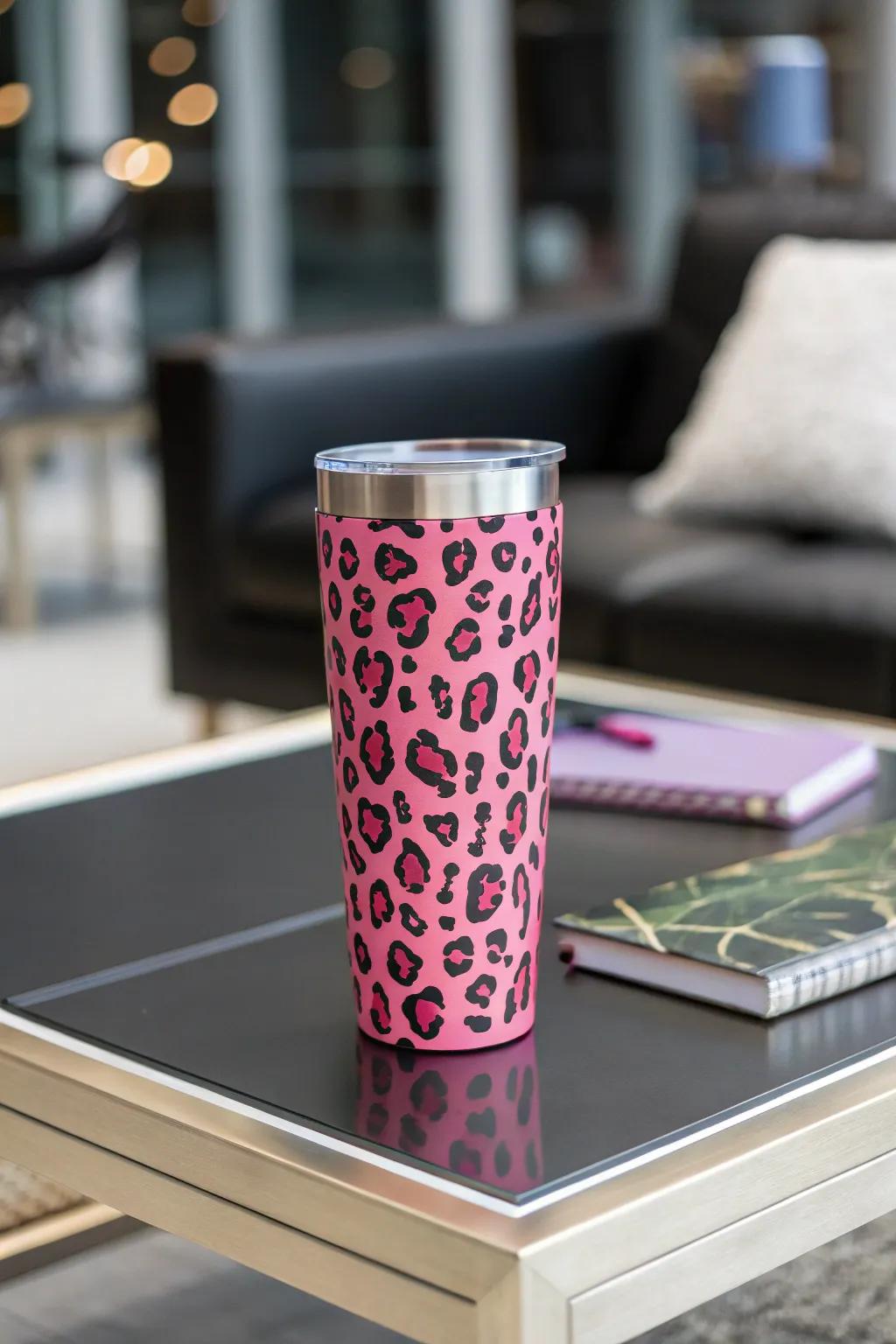 Make a declaration with a striking rose animal spot tumbler.
