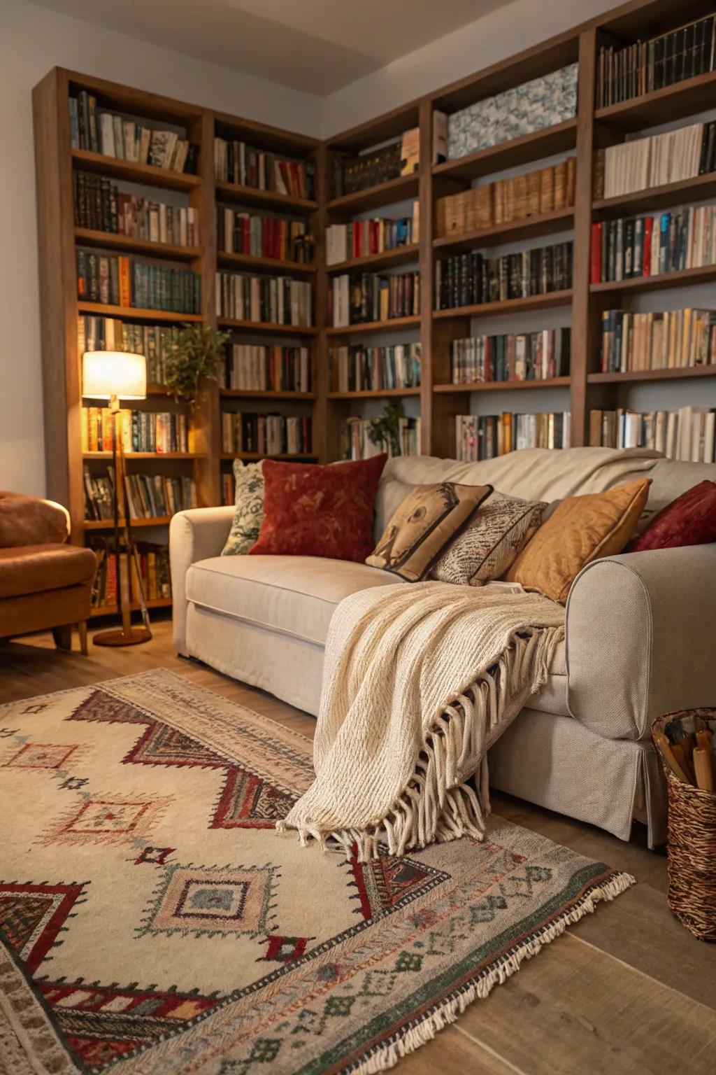 Rugs and throws that add warmth and texture to the library space.