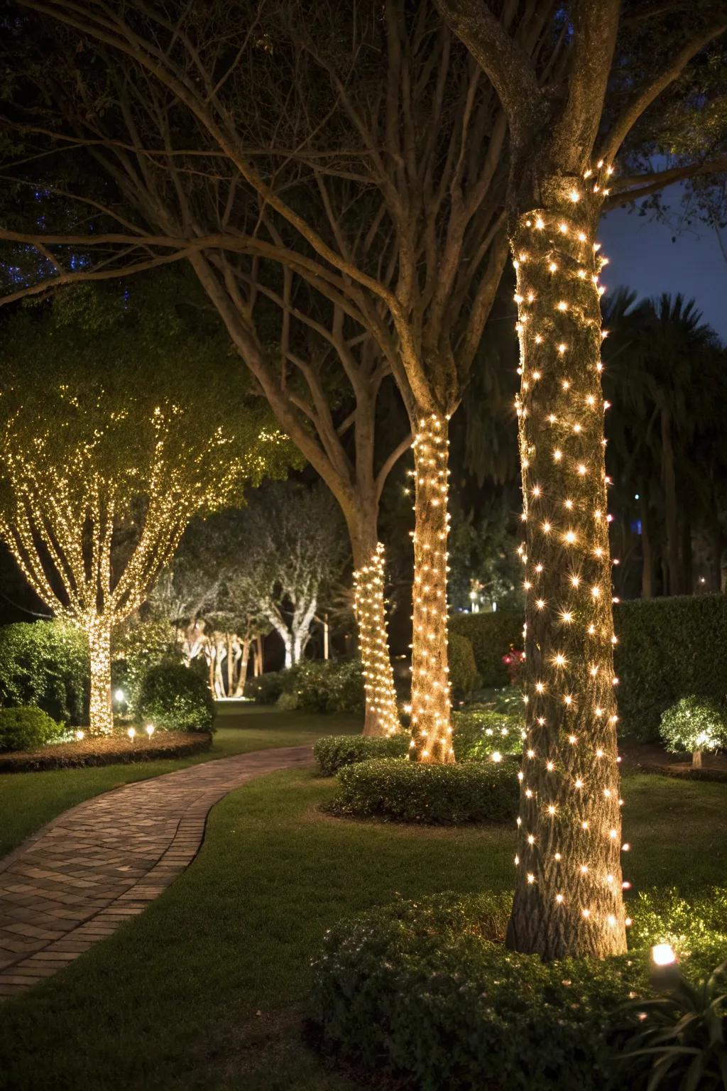 A magical garden vibe with tree light wraps.