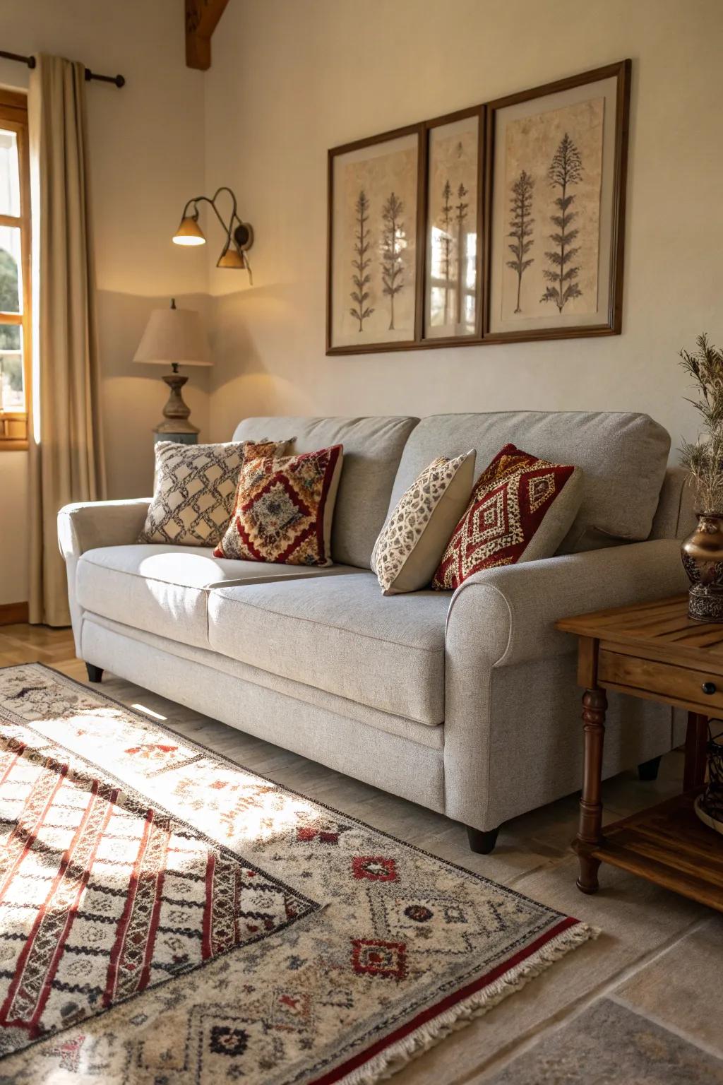 Designs provide character and depth to a muted stone sofa arrangement.