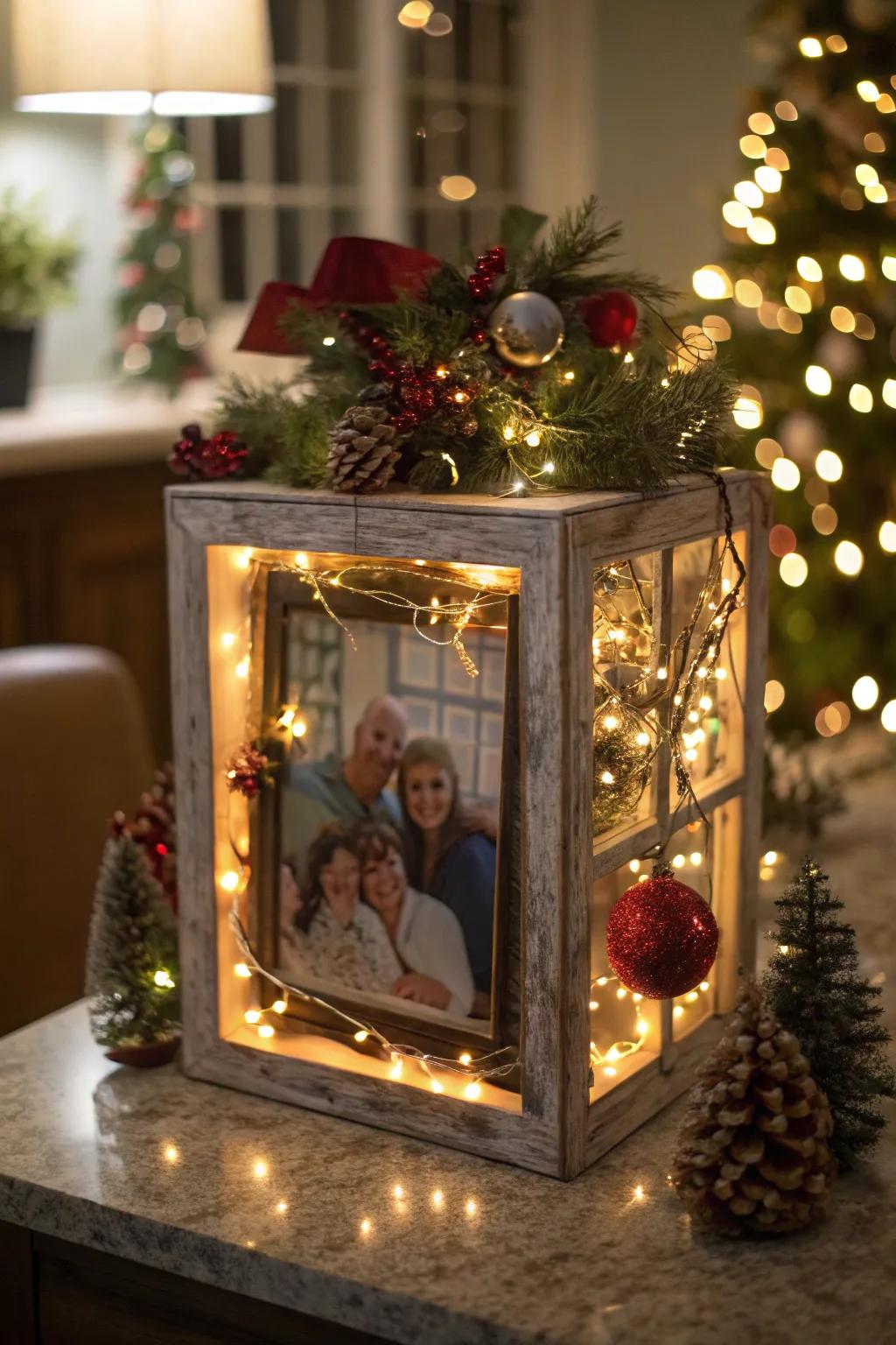 A personalized family photo Christmas diorama