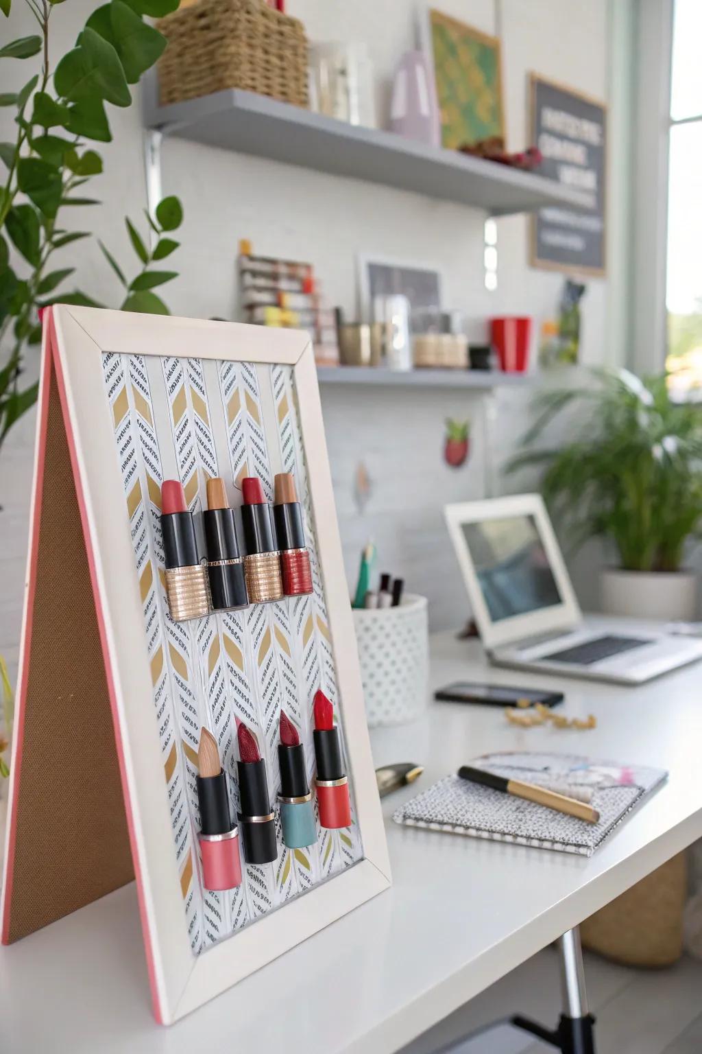 Add a playful twist with a magnetized lipstick board.