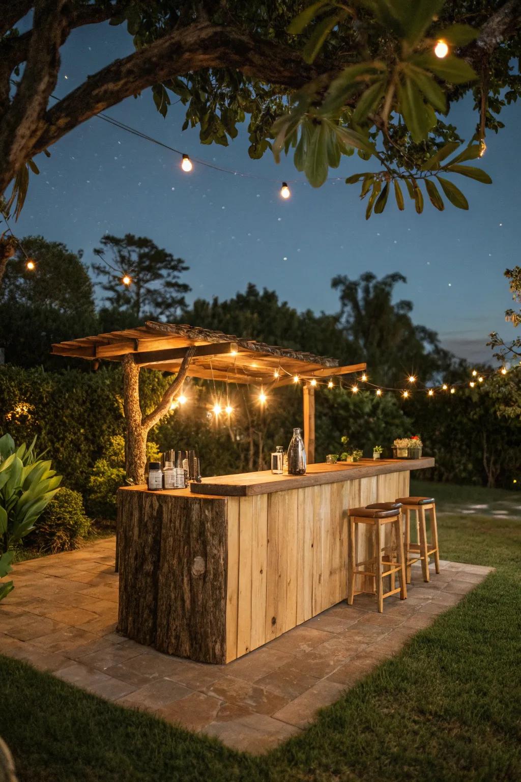 A live edge bar in a backyard patio, establishing an inviting outdoor escape.