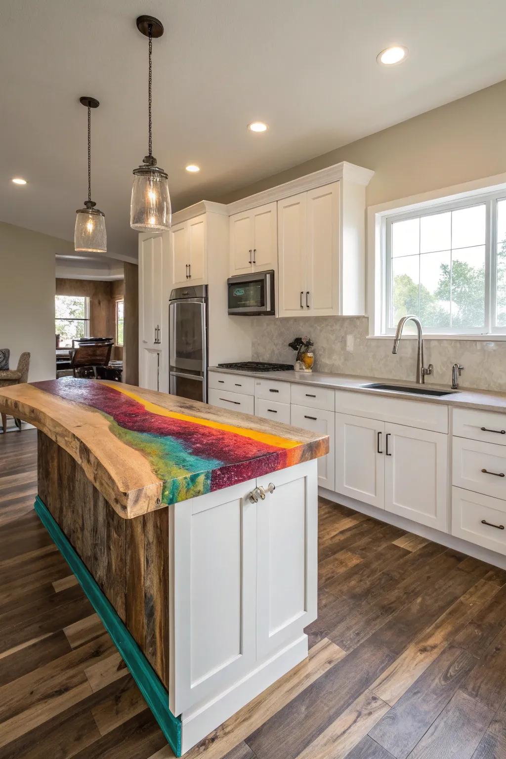 A colorful natural-edge worktop enhancing a burst of color to a neutral cooking area.