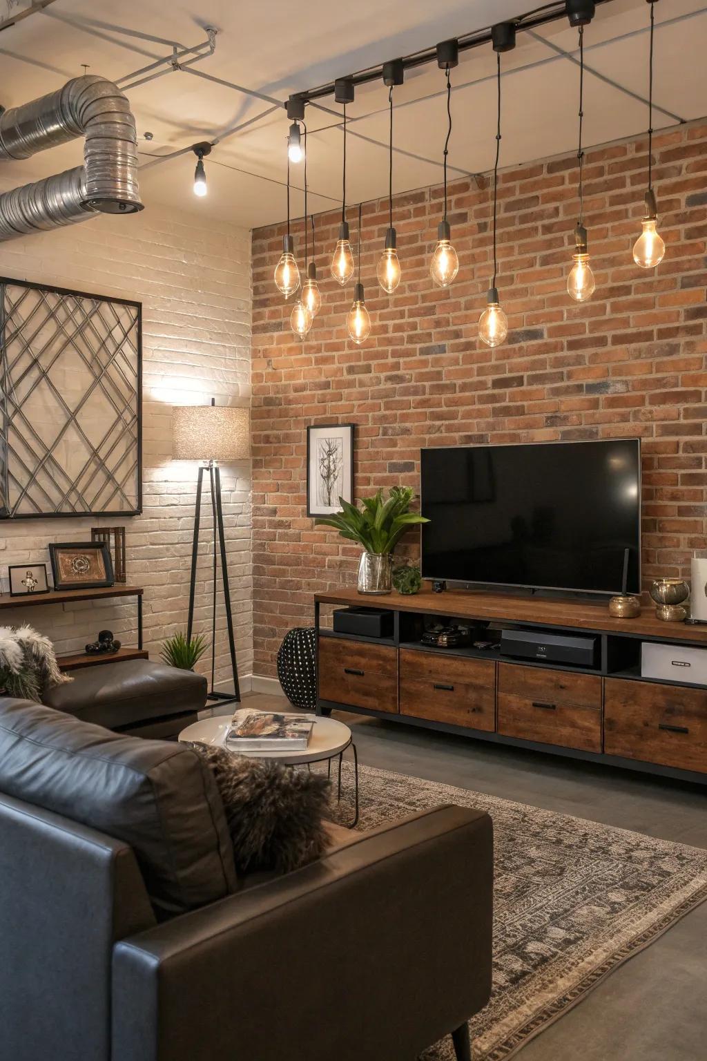 A feature wall of brick-look veneer transforms a living area.