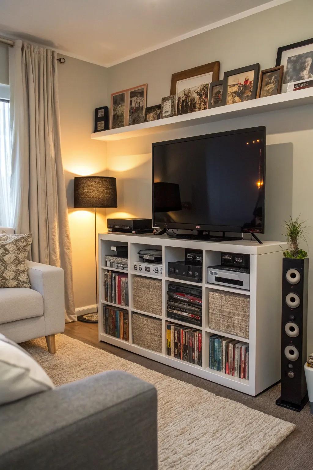 An area-optimizing entertainment center constructed from adaptable modular storage.