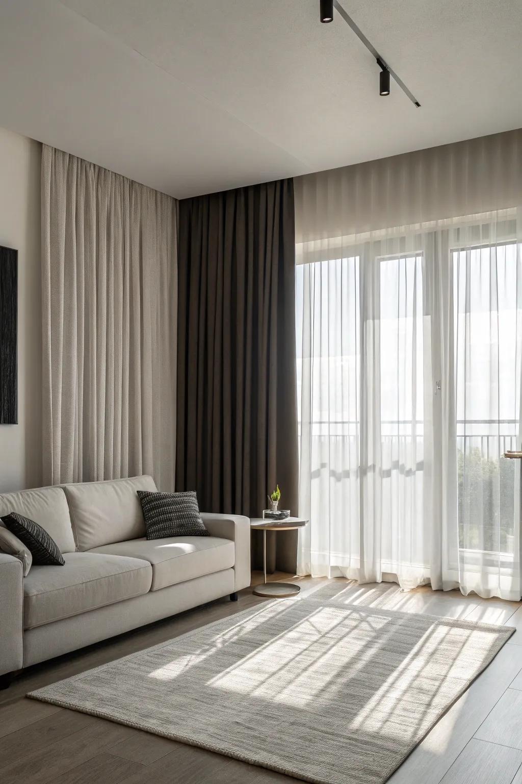 Monochrome curtains offer a minimalist and streamlined look.