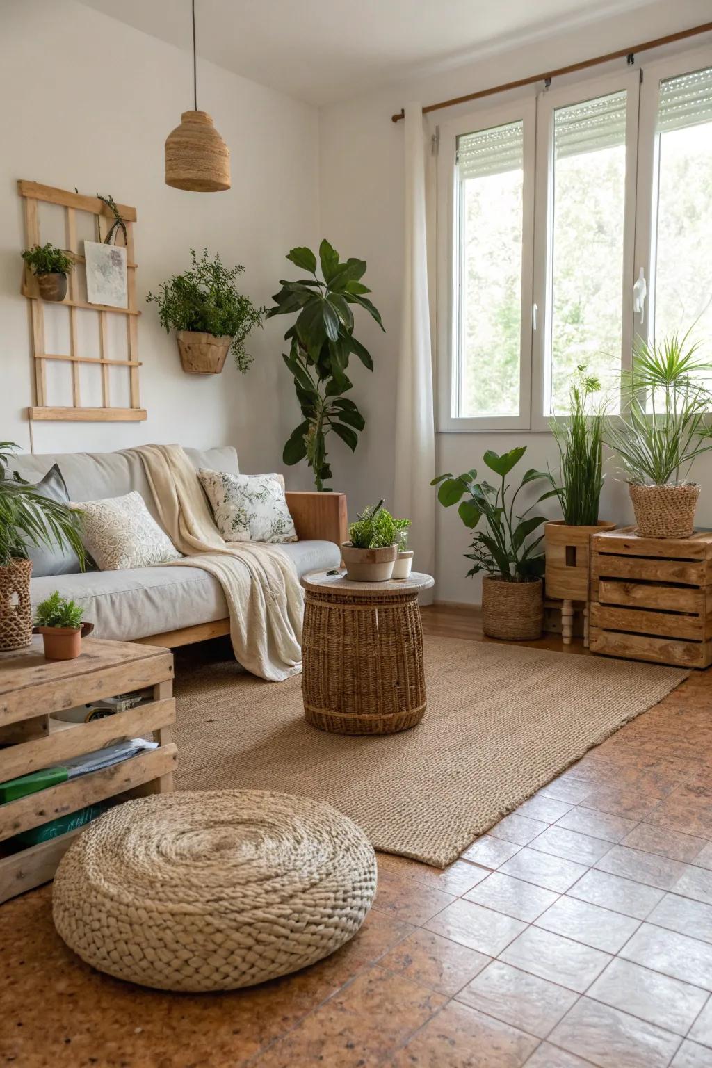 Cork flooring merges sustainability with comfort, perfect for eco-conscious homes.