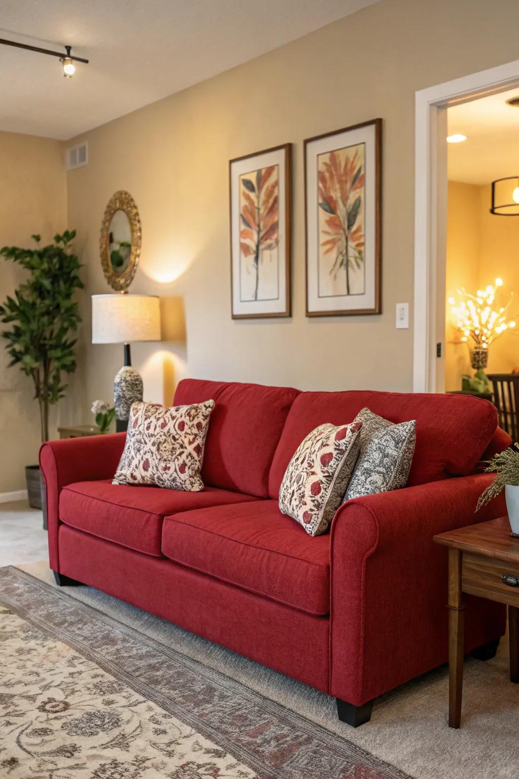 Accent walls offer harmony and depth, perfectly complementing a crimson sofa.