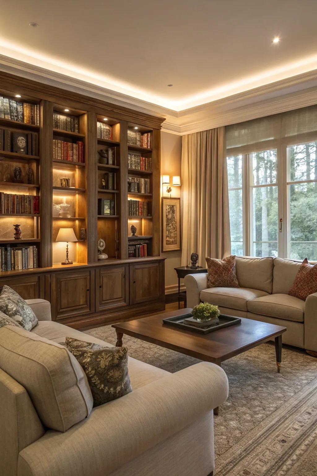 A symmetrical lounge design with integrated shelving.