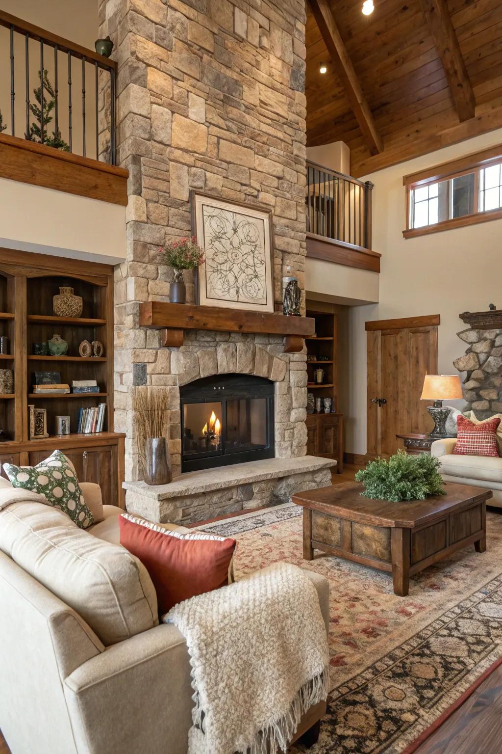 A living room enhanced by textural stacking around the fireplace.