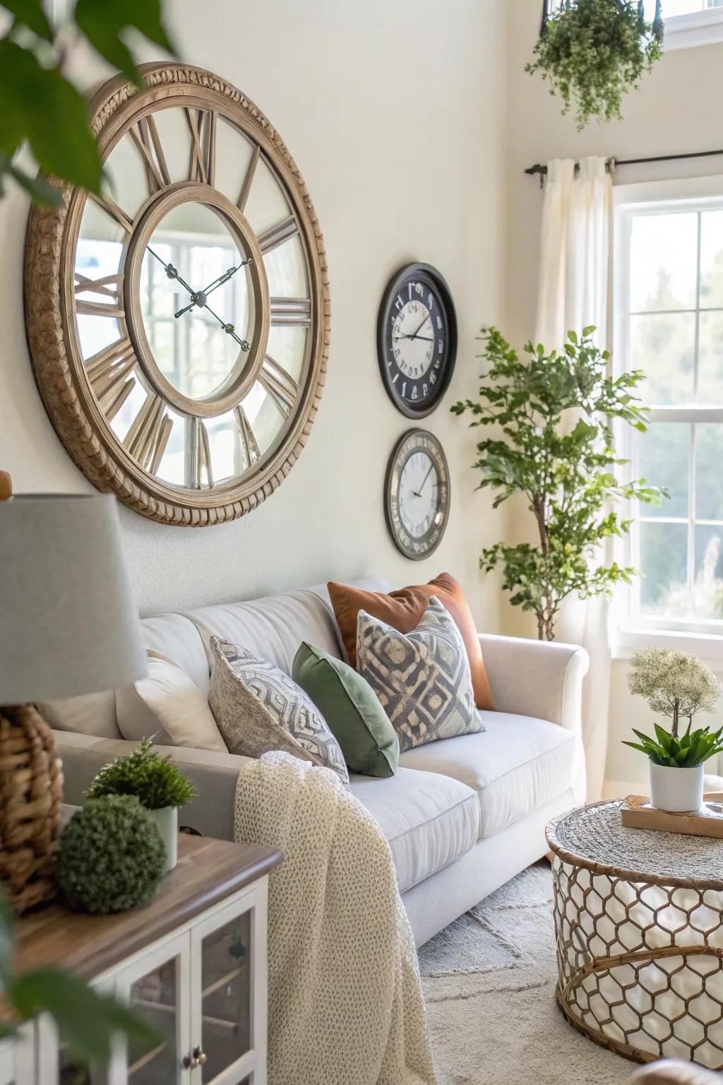 Looking glasses paired with a wall clock design a spacious and bright living room.