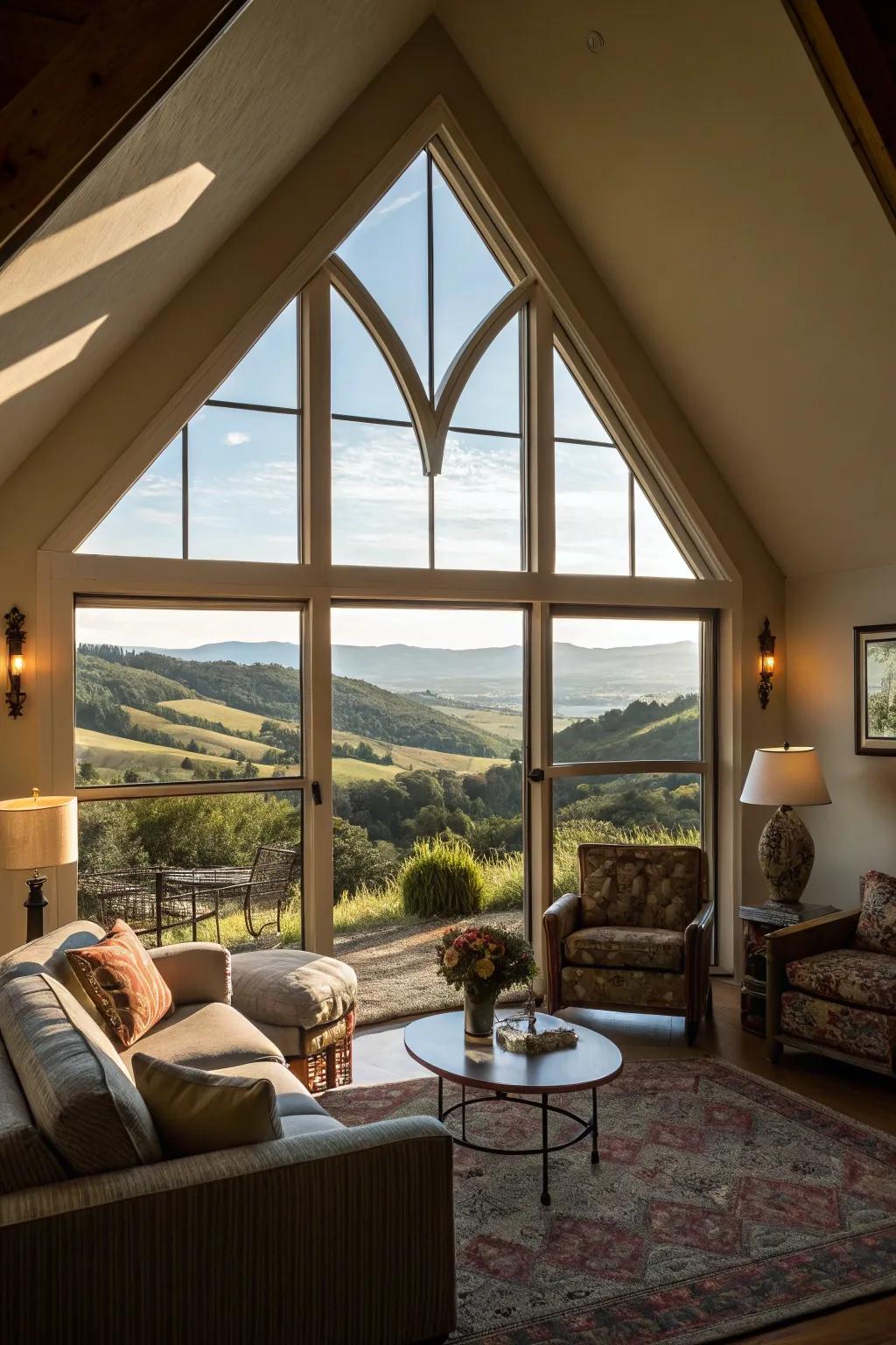 Architectural window shapes give the living area an artistic flair.