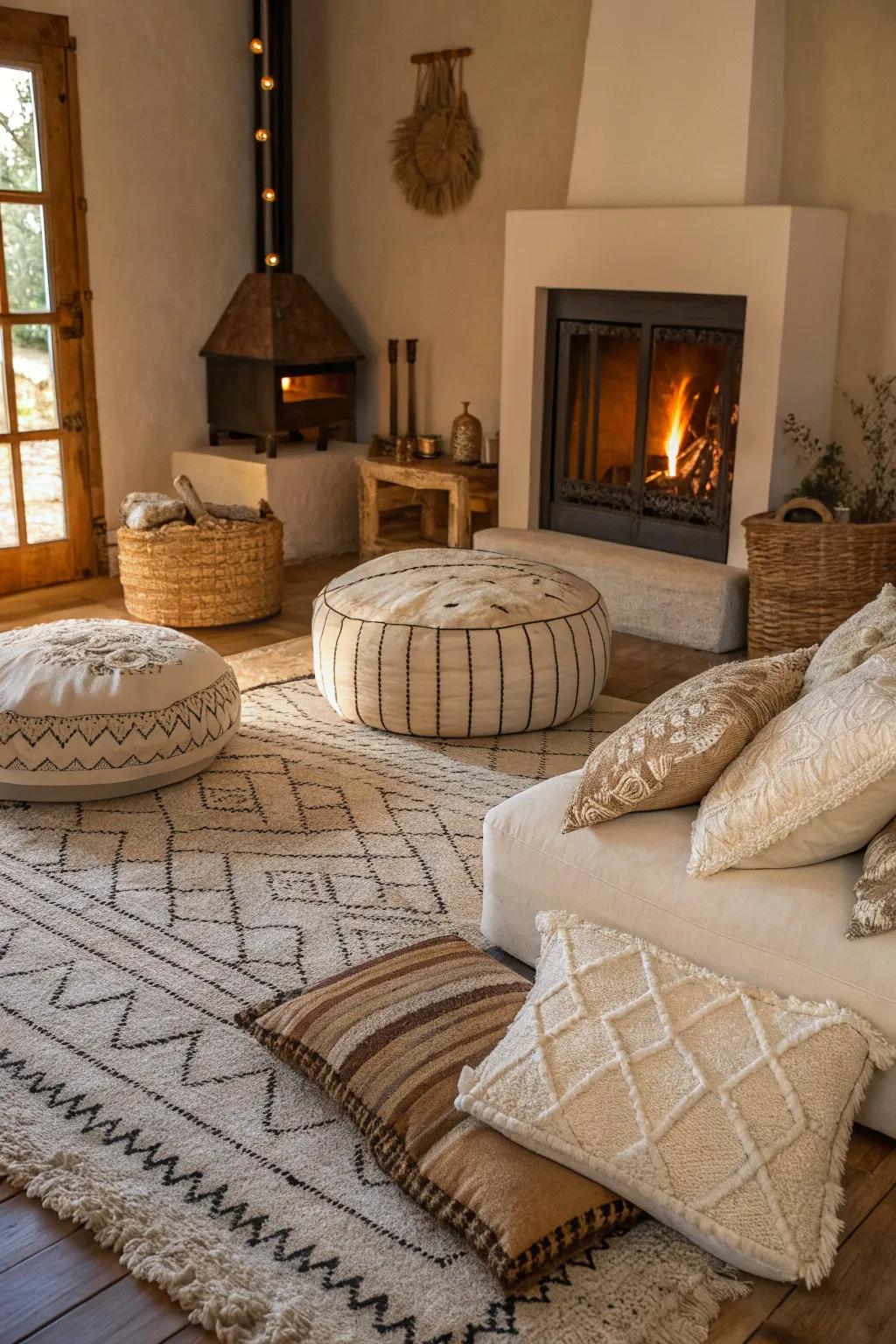 A living room enhanced with textured rugs and cushions around the fireplace.