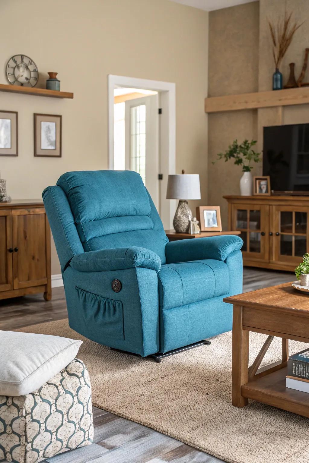 A striking recliner becomes the focal point in this neutral living space.