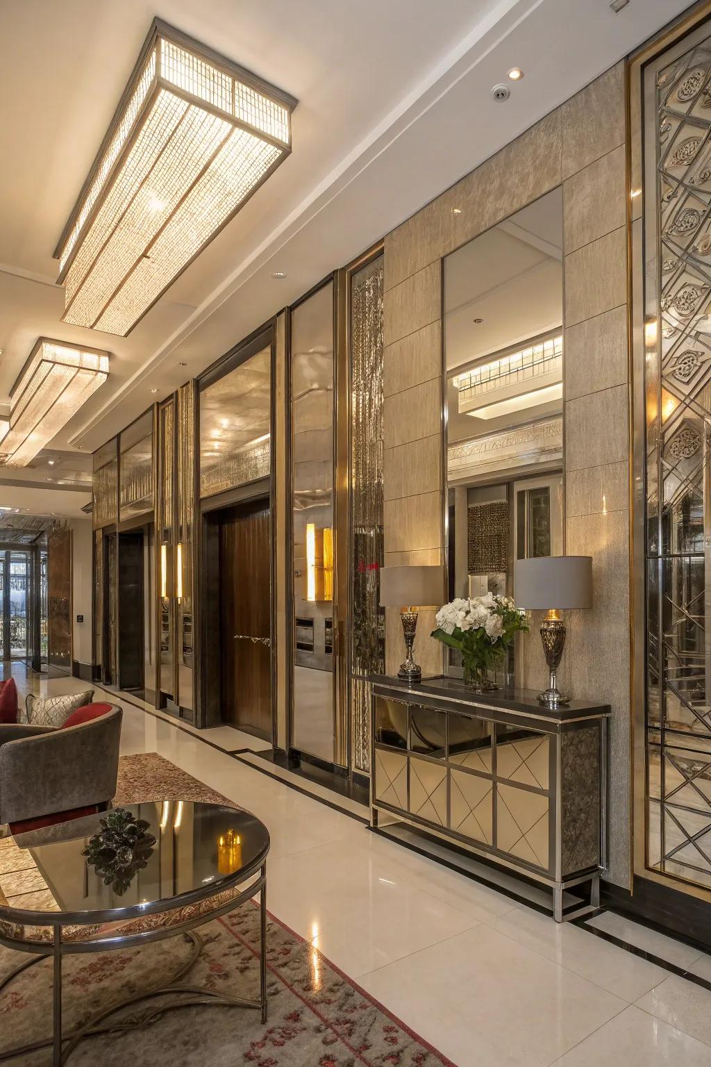 An elegant entrance hall featuring reflective elements