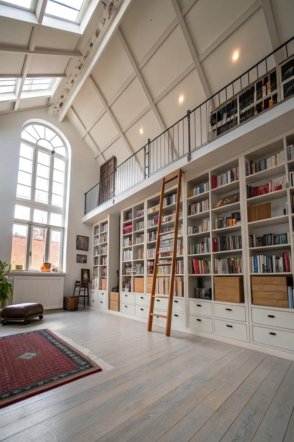Vertical storage maximizing space in the loft.