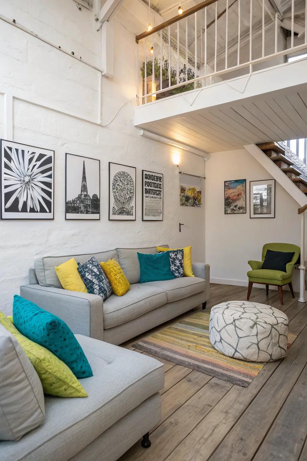 A modern loft that balances a neutral backdrop with colorful touches.