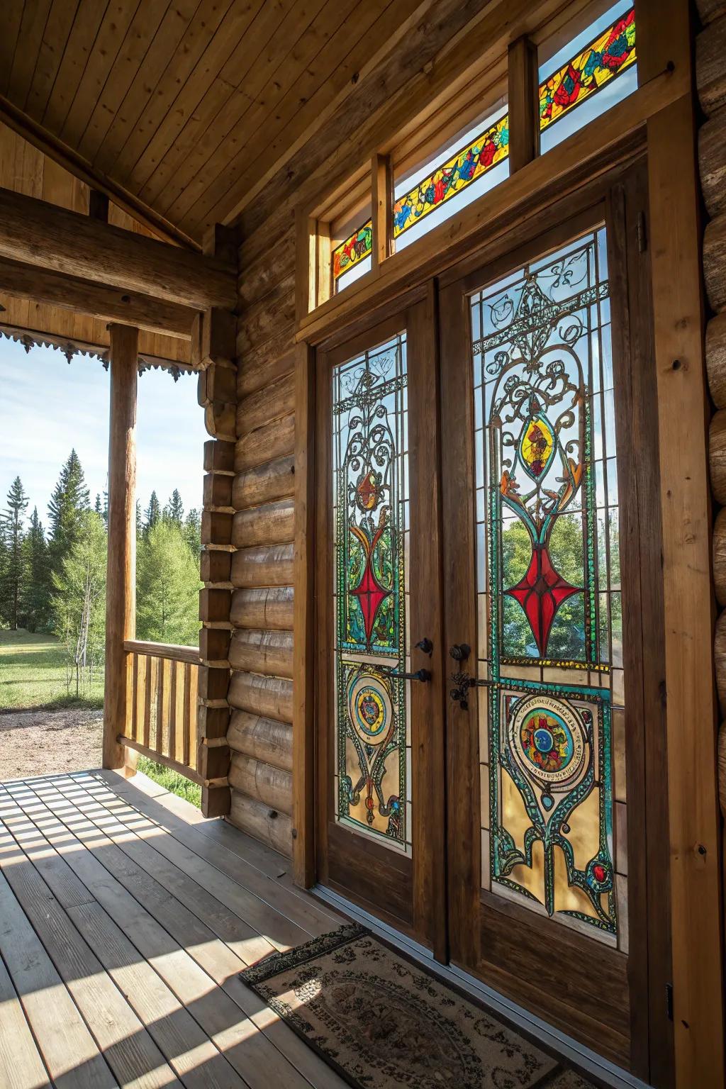 A log cabin door featuring vibrant stained glass pieces.