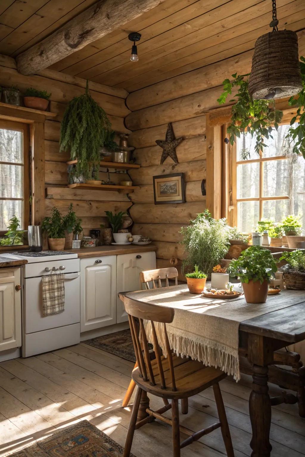 Nature-inspired ornamental compositions inject a dash of exterior freshness into this cooking space.