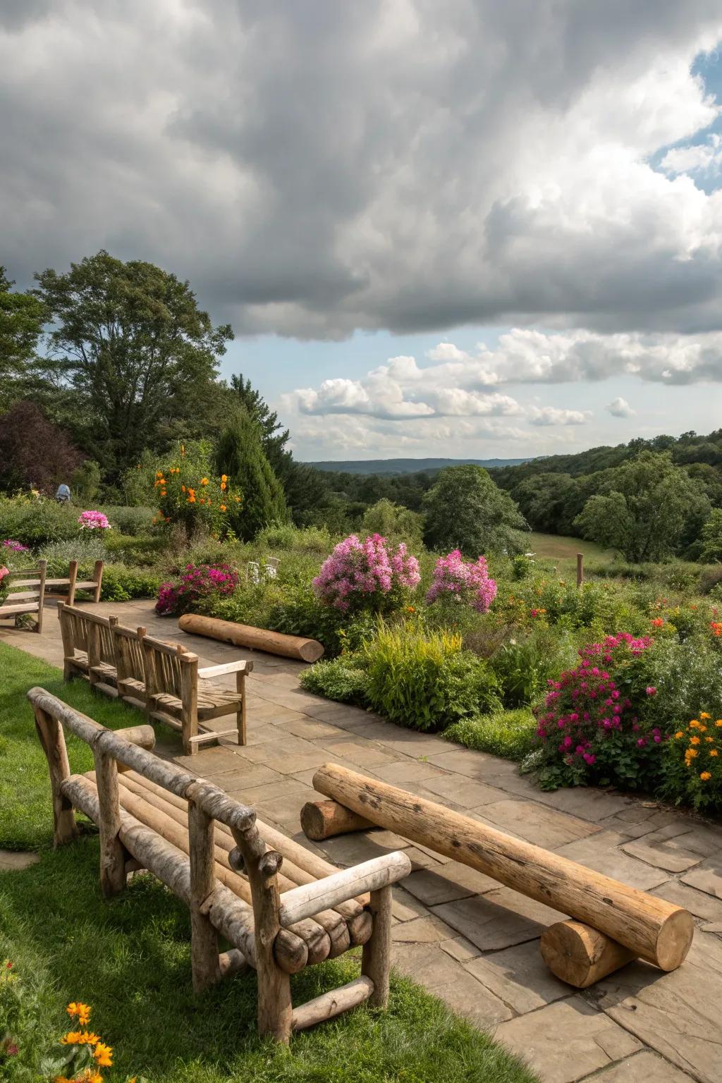 Logs fashioned into outdoor furnishings for a garden.