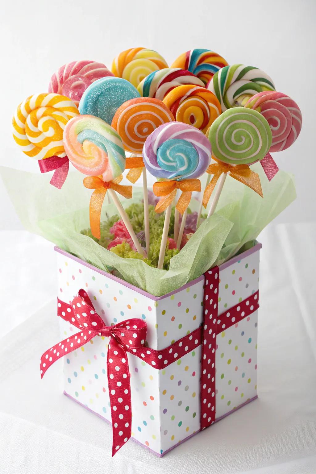 A surprising candy pop posy inside a gift box