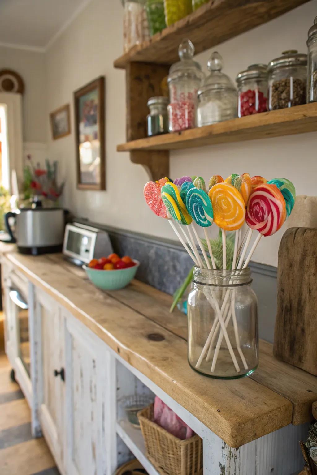 Preserving jars contribute a rustic charm to candy showcases.