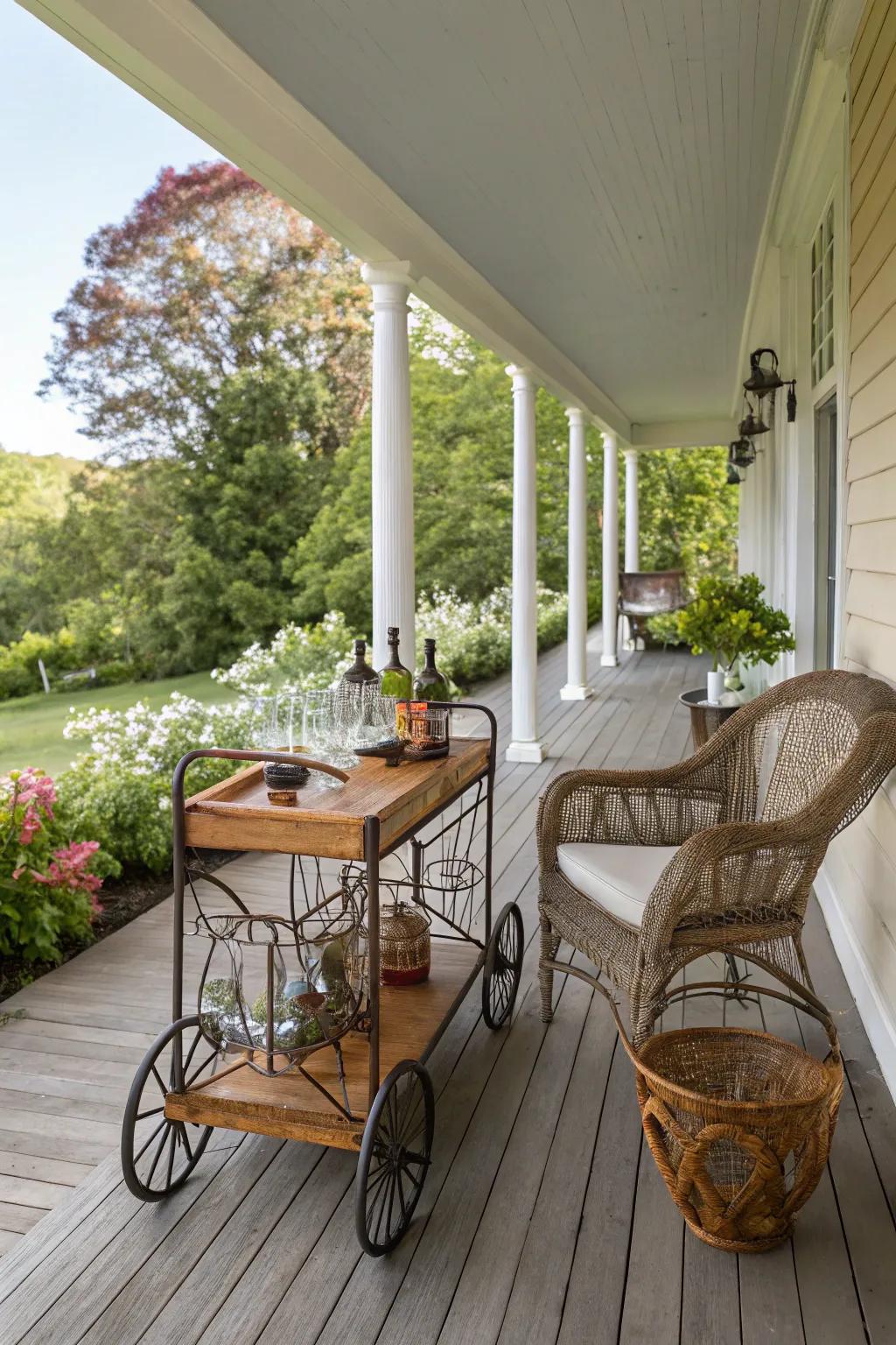 Unforeseen pieces like a mobile serving station add surprise and intrigue to a porch.