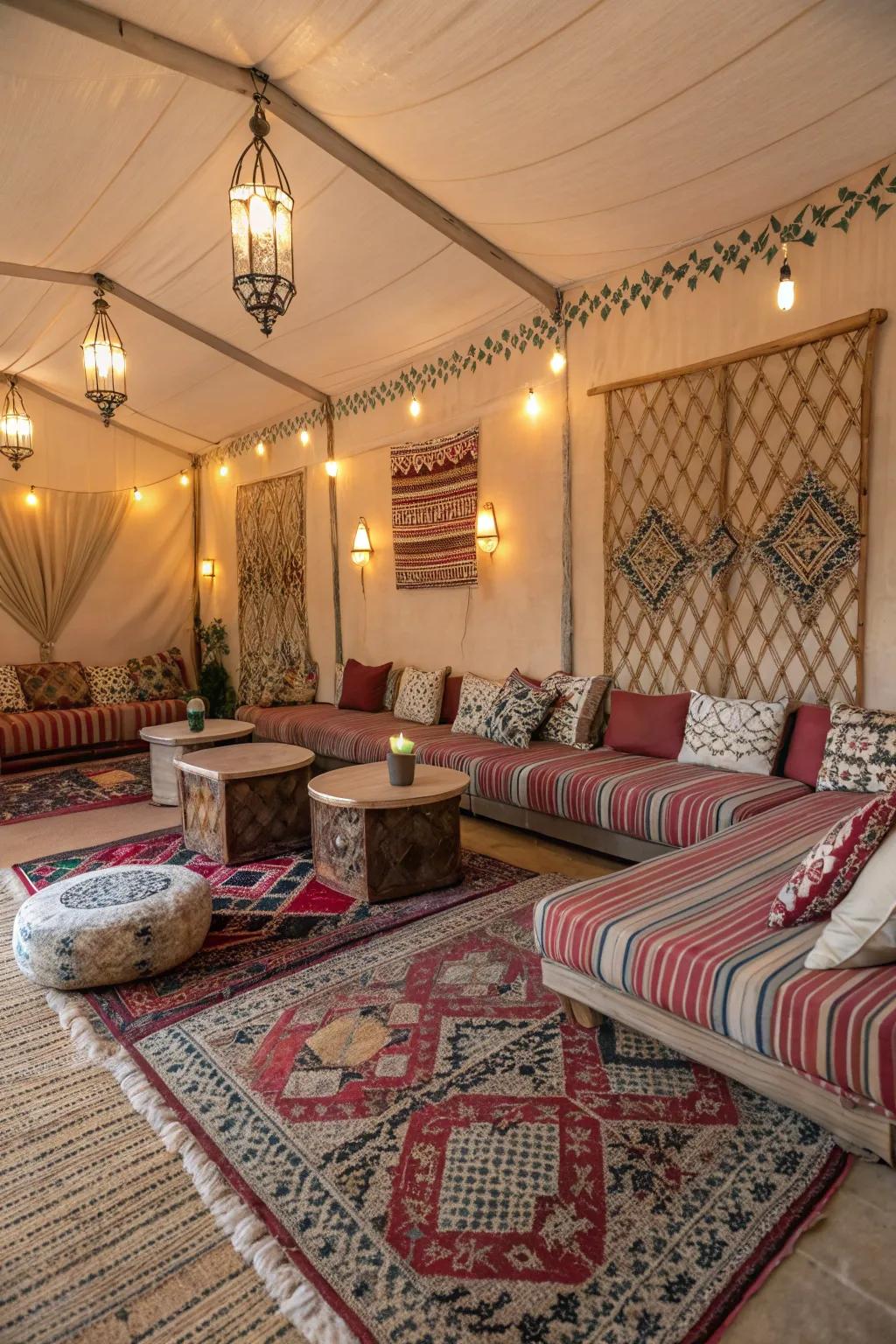 Multiple patterns add visual interest to a well-coordinated living room.