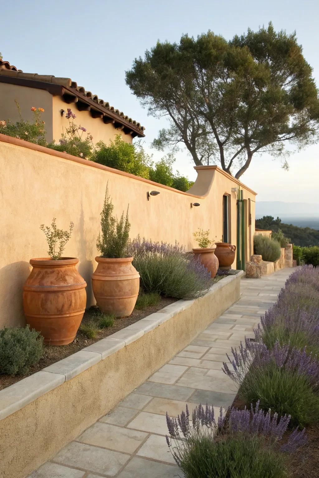 A subtle stucco wall enriches the Mediterranean atmosphere of this front yard.