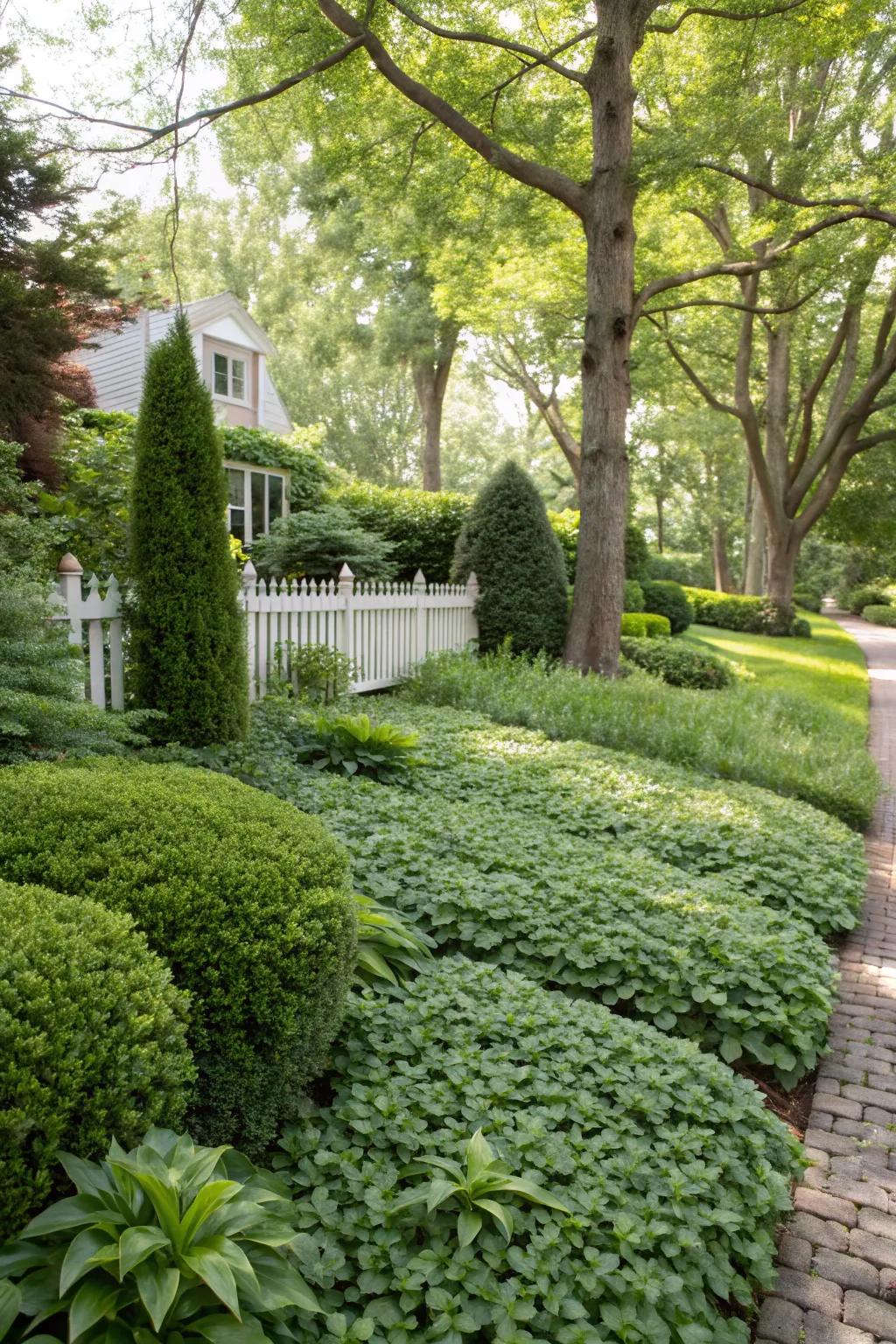 Ground cover vegetation establishing a lush, easily managed terrain.