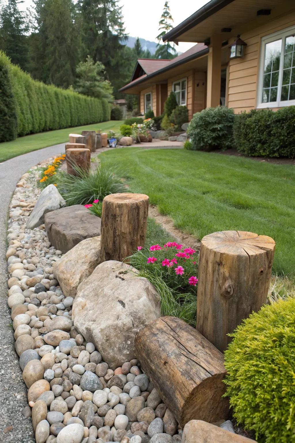 Untreated wood elements combined with stones for rustic appeal.