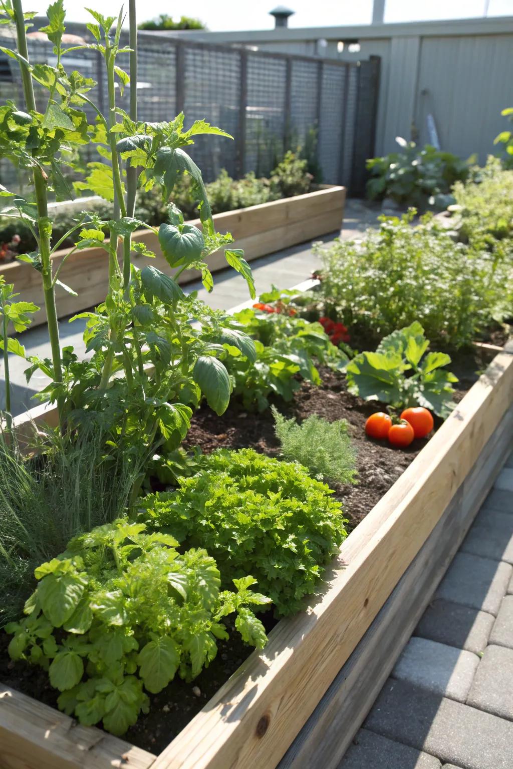 Elevated garden beds that offer practicality and ease of care.