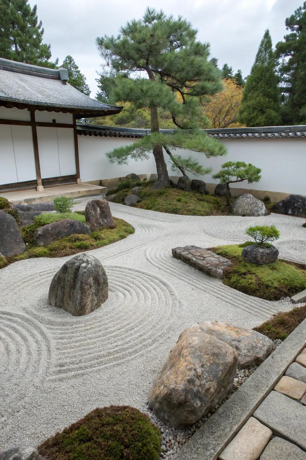 A Zen garden encourages serenity and contemplation.