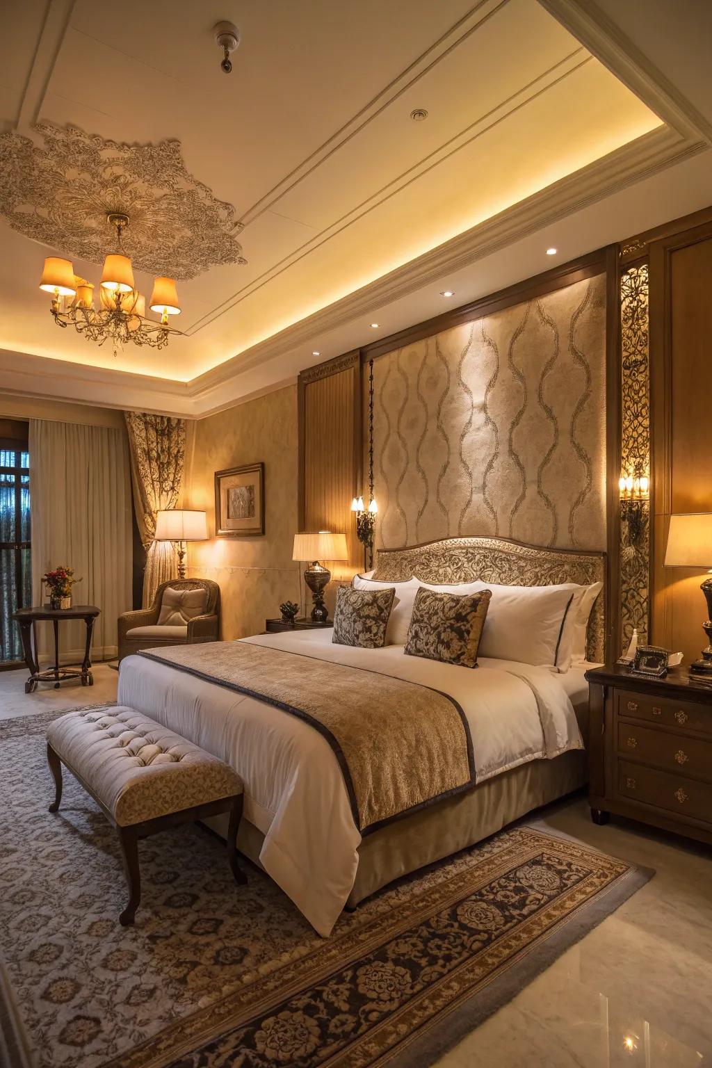 A deluxe bedroom illuminated by soothing, ambient illumination.