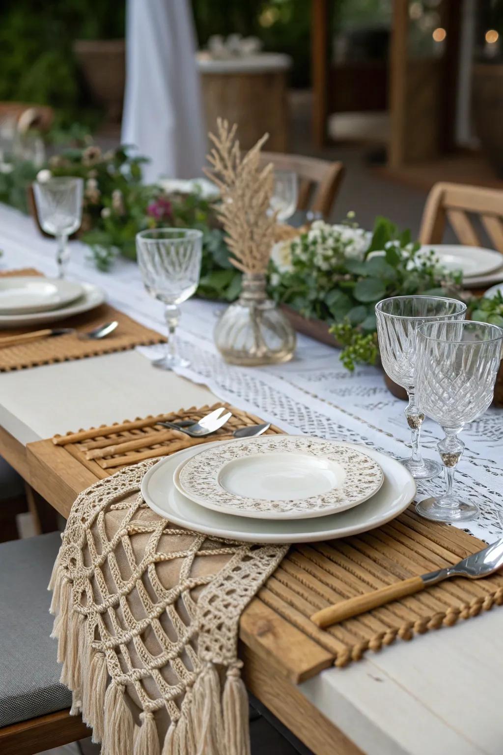 A macrame table linen introducing countryside elegance to dining.