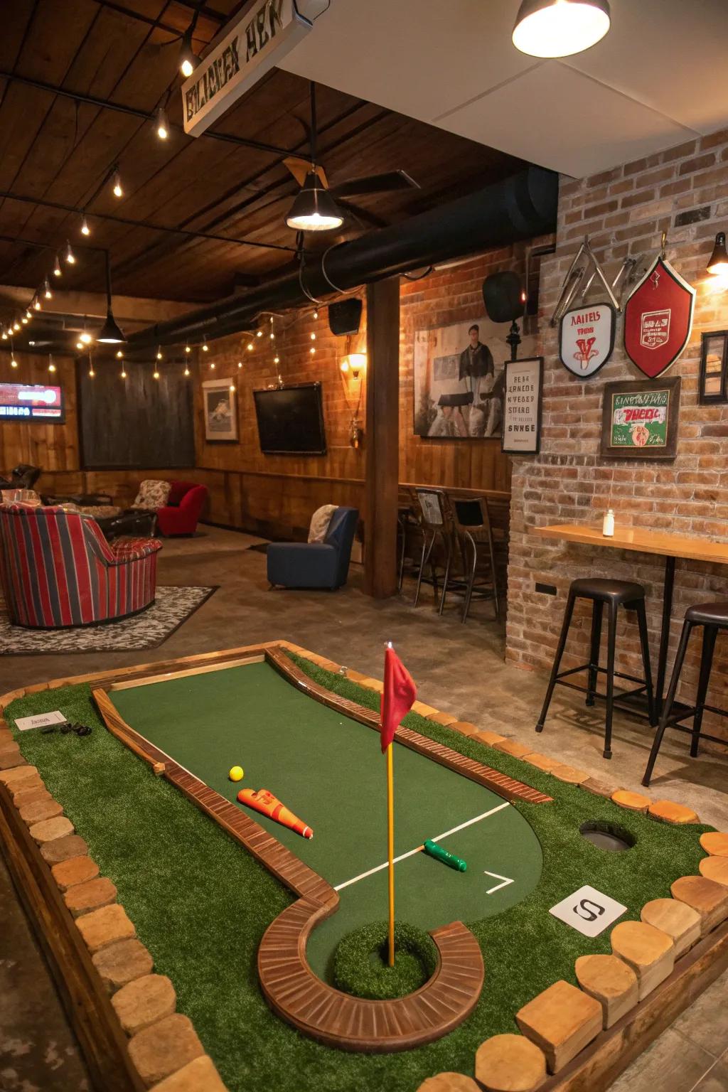 A playful mini golf setup inside a man cave.