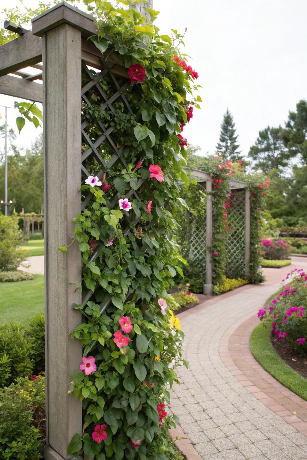A trellis screen divider with <strong><em>Dipladenia splendens</em></strong> creates unique and welcoming garden spaces.” loading=”lazy” class=”pimg”>
	</picture><figcaption>A trellis screen divider with <strong><em>Dipladenia splendens</em></strong> creates unique and welcoming garden spaces.</figcaption></figure>
<p>Utilize a trellis as a screen divider to establish ‘garden spaces’ with <strong><em>Dipladenia splendens</em></strong> as the focal point. This approach adds structure and intrigue, encouraging visitors to discover what lies beyond.</p>
<h3>Give these a look:</h3>
<ul class=