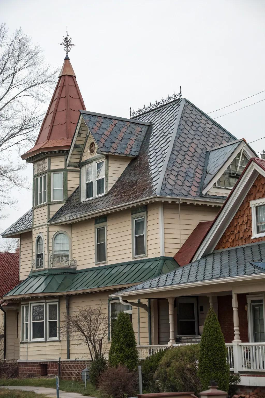 This mansard roof gains texture and interest from mixed materials.