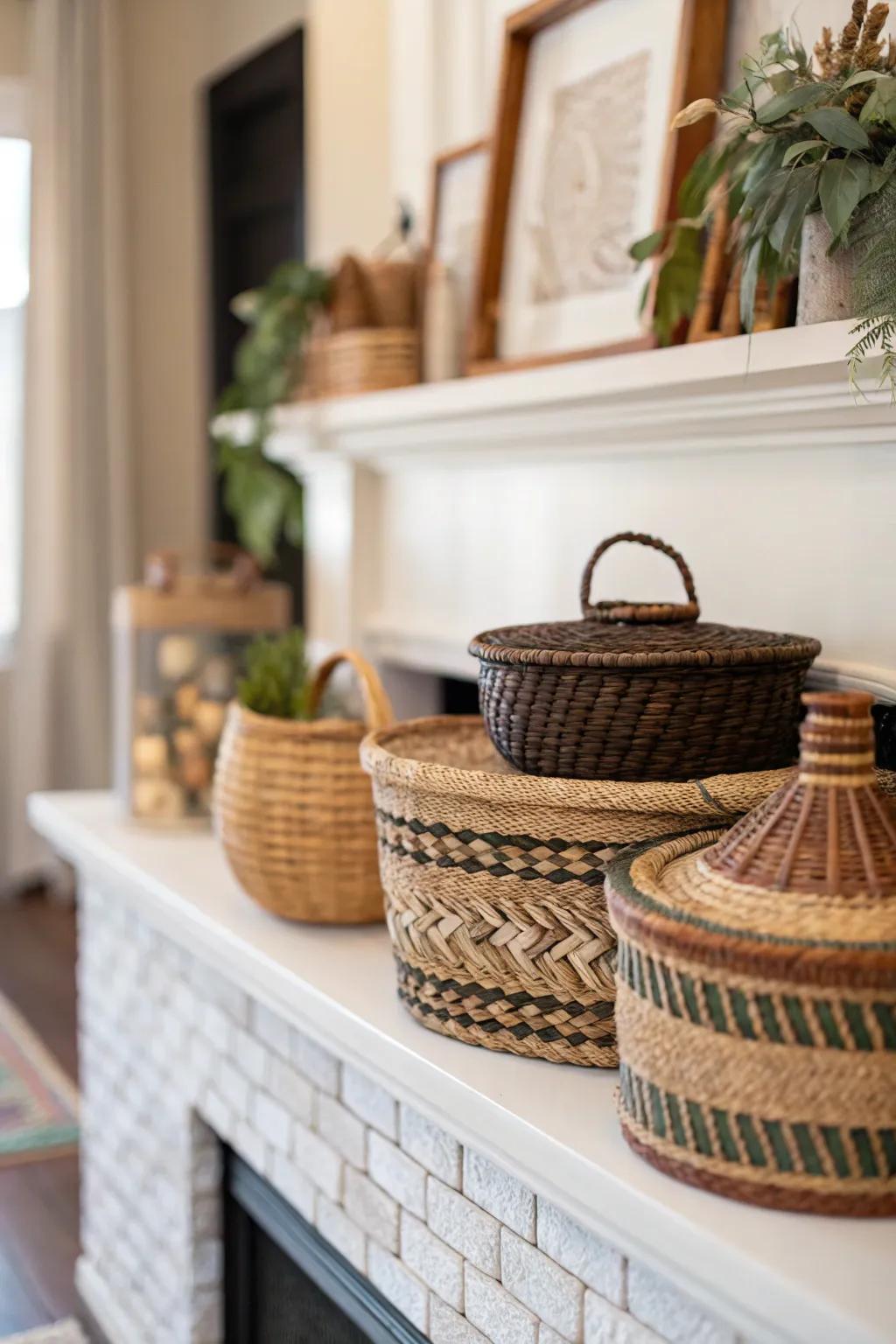 Textured woven containers contribute visual depth and practicality to this mantel.