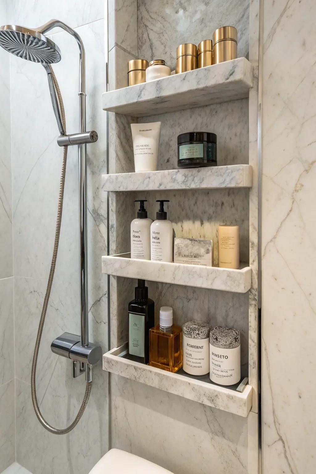 A multi-tiered stone niche combines storage with style.