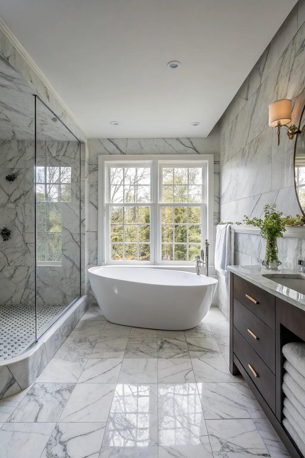 Pair a detached tub with stone tiles for a spa-like retreat.
