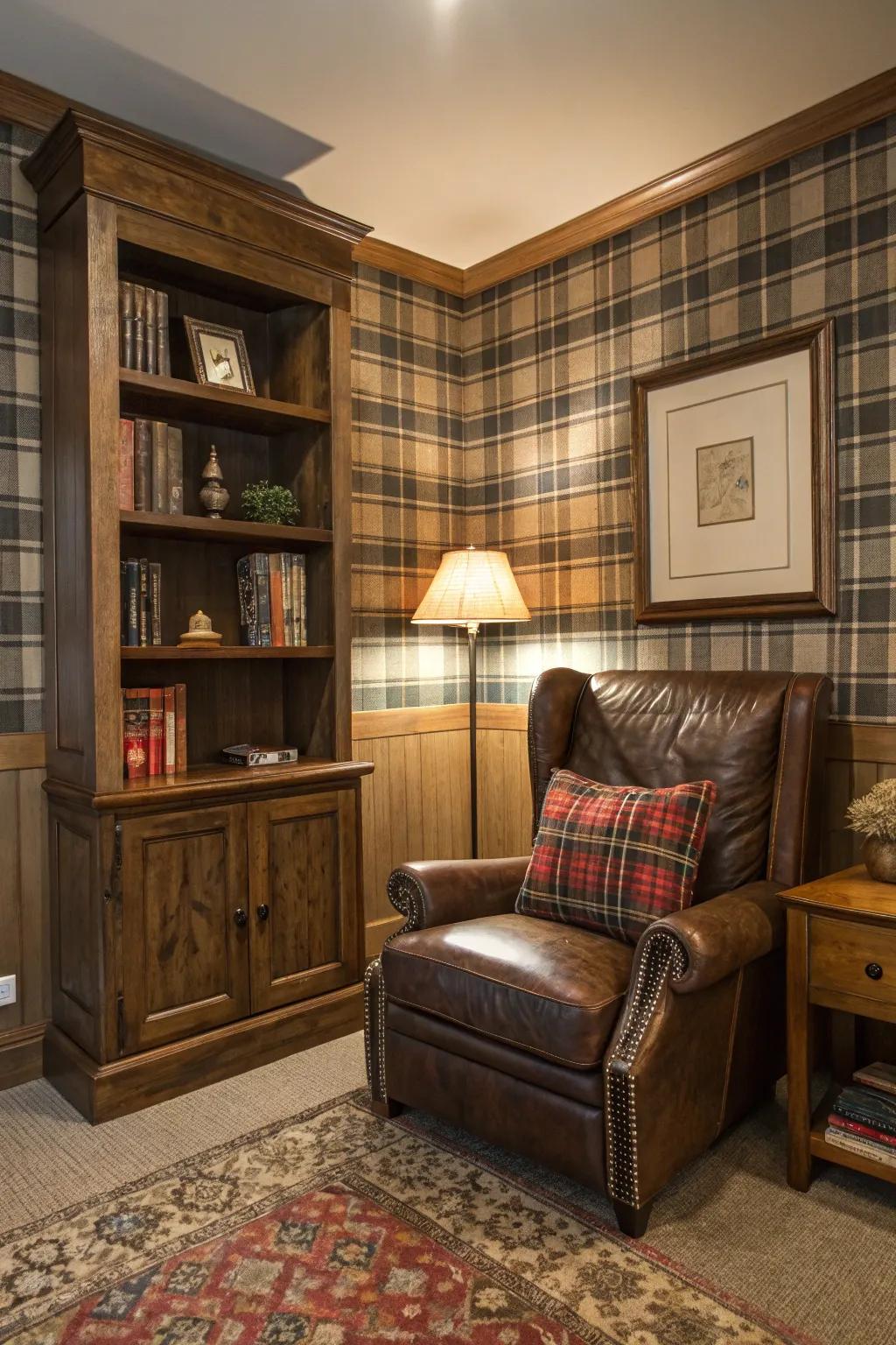 Plaid wallpaper contributes inviting, timeless appeal.