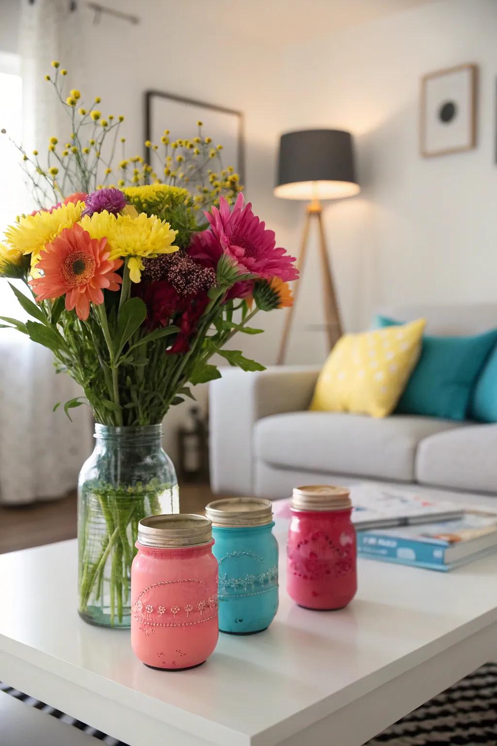 Vibrantly painted utility canisters doubling as stylish flower holders.